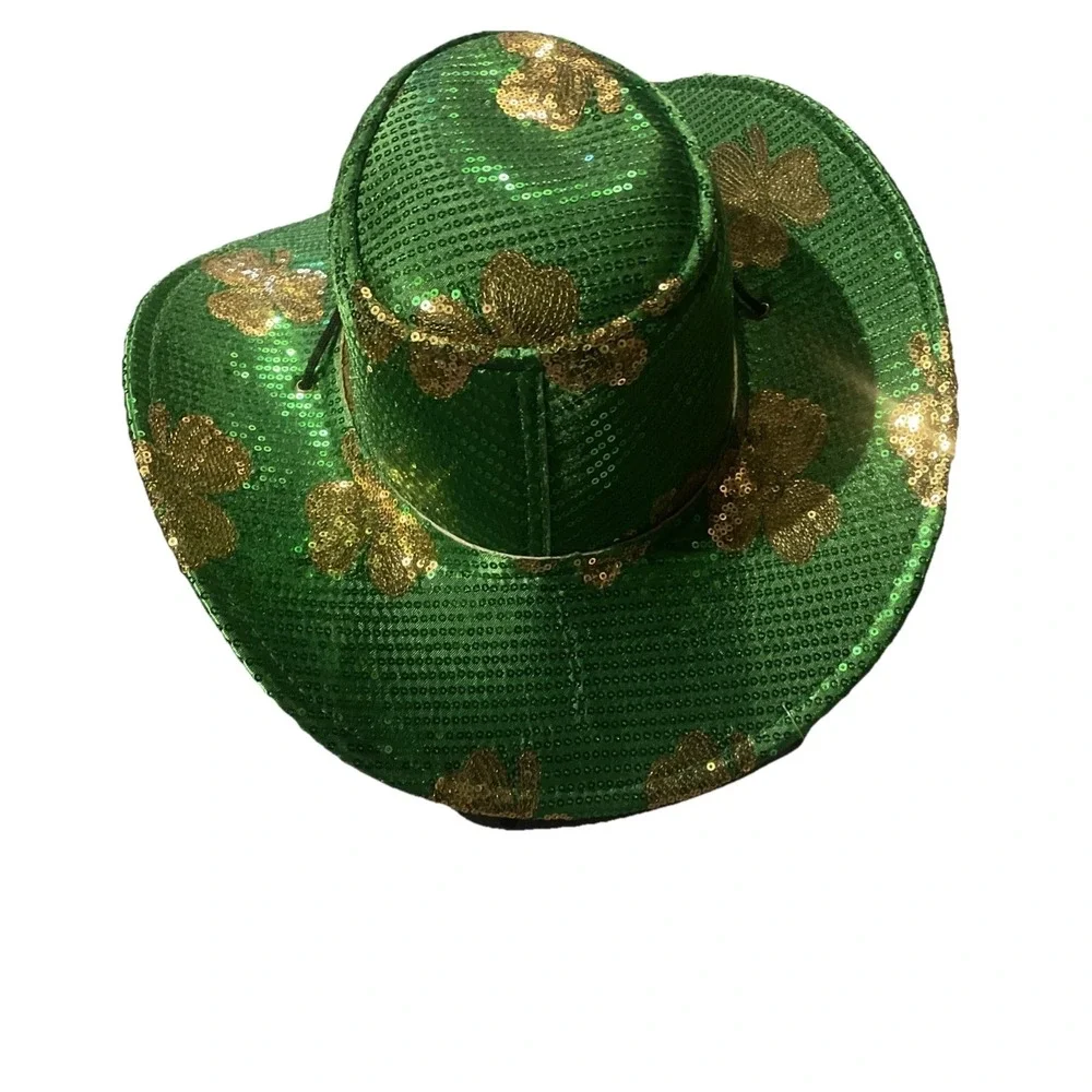 St. Patrick's Day Sequined Cowboy Hat Adult Size Fits Most Plush & Fabric Green